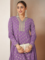 Janasya Women's Purple Georgette Embellished Gold Printed A-line Kurta With Sharara & Dupatta Set