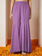 Janasya Women's Purple Georgette Embellished Gold Printed A-line Kurta With Sharara & Dupatta Set