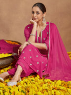 Janasya Women's Pink Georgette Embellished Straight Kurta With Palazzo Dupatta Set
