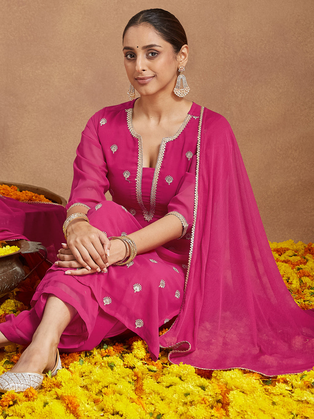 Janasya Women's Pink Georgette Embellished Straight Kurta With Palazzo Dupatta Set