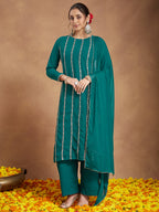 Janasya Women's Sea Green Georgette Embellished Straight Kurta With Palazzo & Dupatta Set