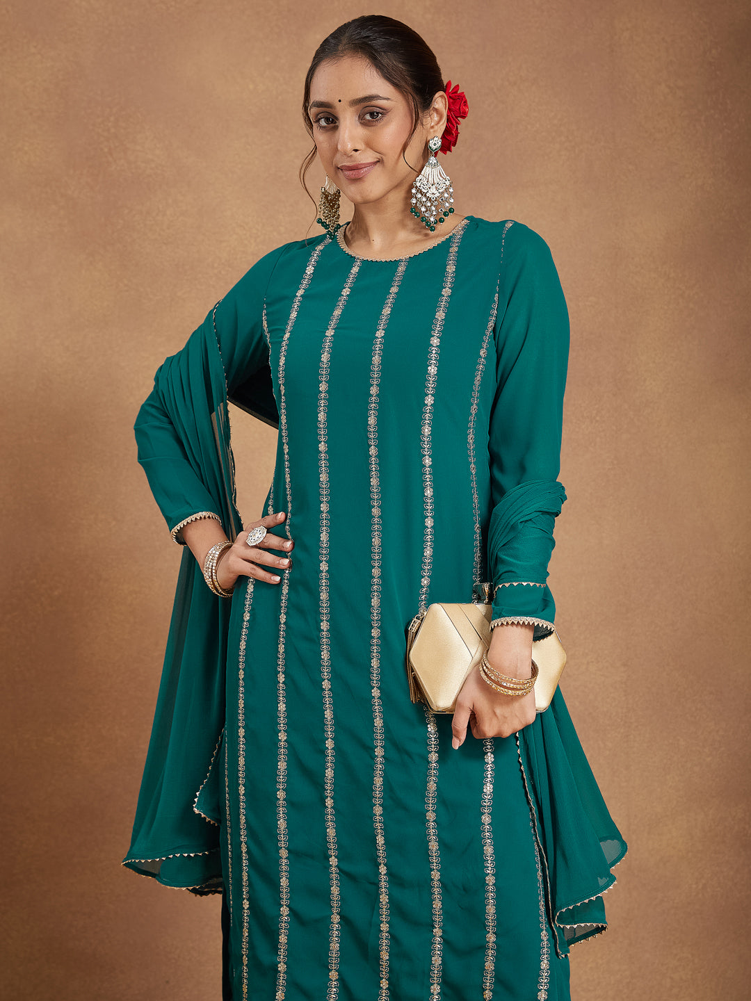 Janasya Women's Sea Green Georgette Embellished Straight Kurta With Palazzo & Dupatta Set - qivii