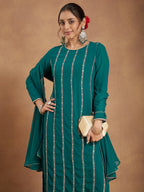 Janasya Women's Sea Green Georgette Embellished Straight Kurta With Palazzo & Dupatta Set