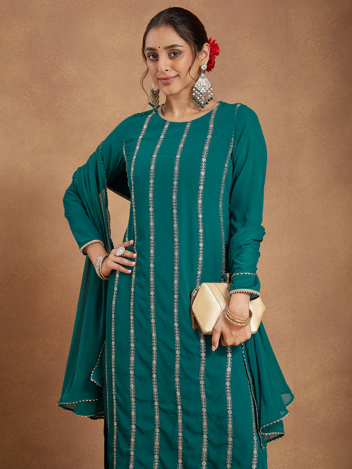 Janasya Women's Sea Green Georgette Embellished Straight Kurta With Palazzo & Dupatta Set - qivii