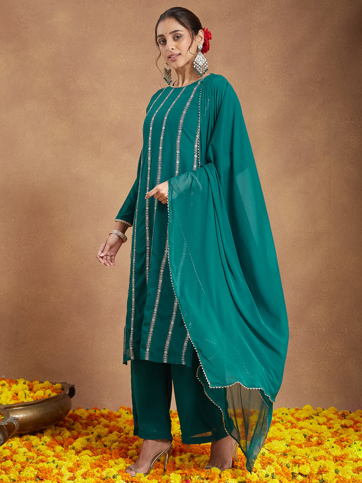 Janasya Women's Sea Green Georgette Embellished Straight Kurta With Palazzo & Dupatta Set - qivii