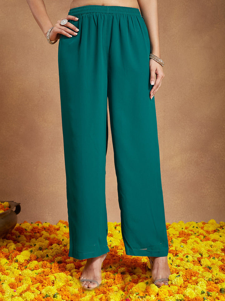 Janasya Women's Sea Green Georgette Embellished Straight Kurta With Palazzo & Dupatta Set - qivii