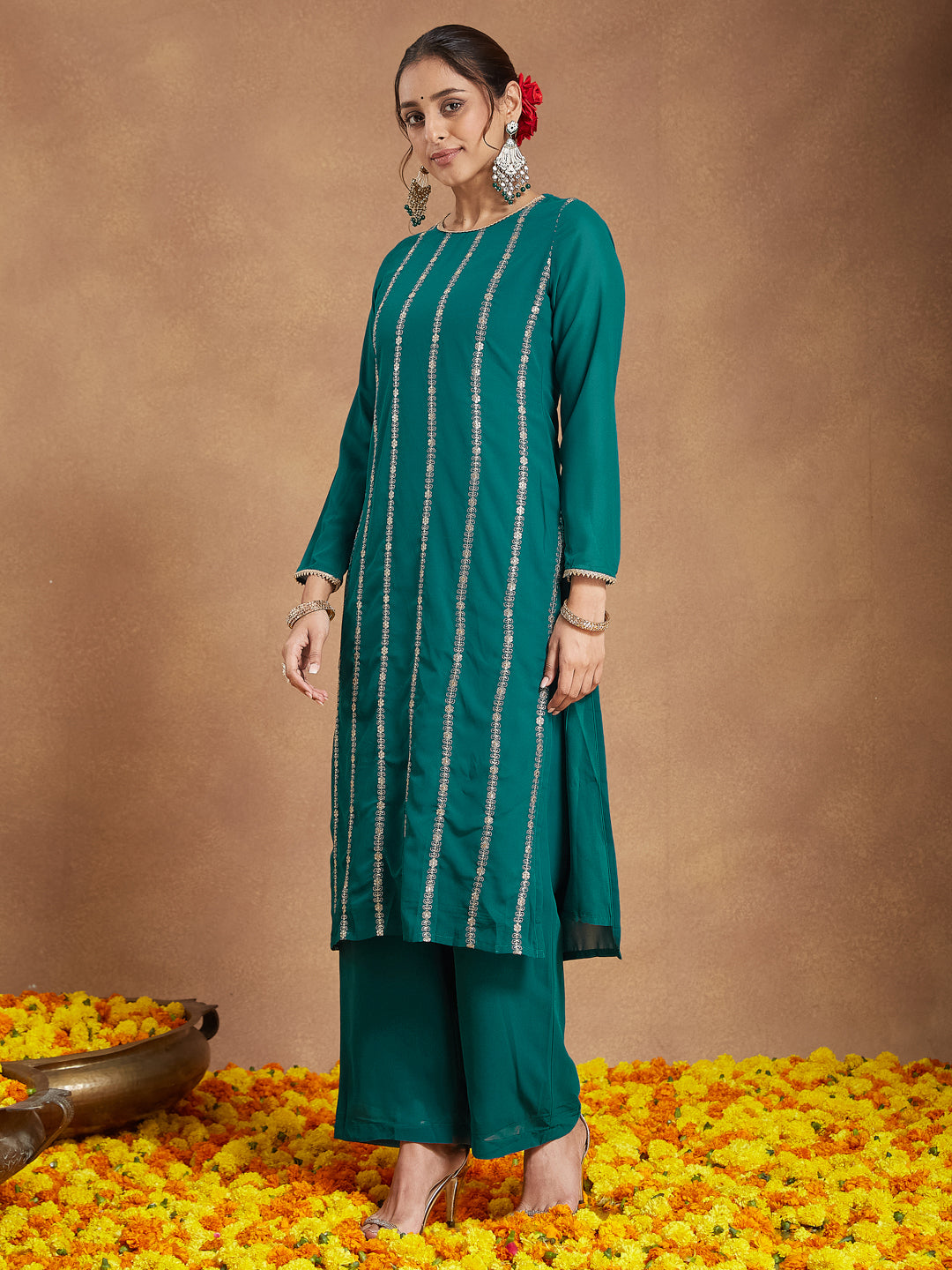 Janasya Women's Sea Green Georgette Embellished Straight Kurta With Palazzo & Dupatta Set - qivii