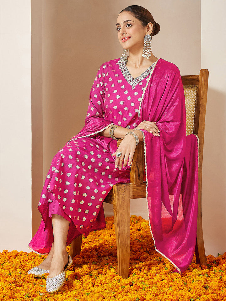 Janasya Women's Pink Chanderi Silk Foil Printed Embroidered A-line Kurta Set - qivii