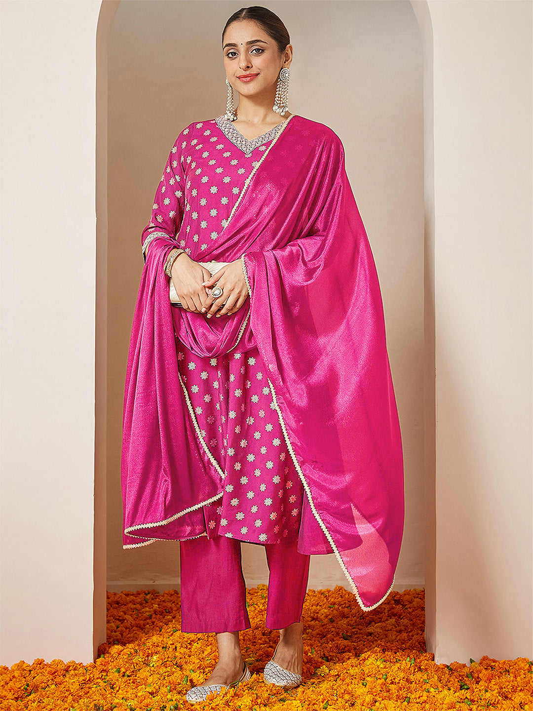 Janasya Women's Pink Chanderi Silk Foil Printed Embroidered A-line Kurta Set - qivii