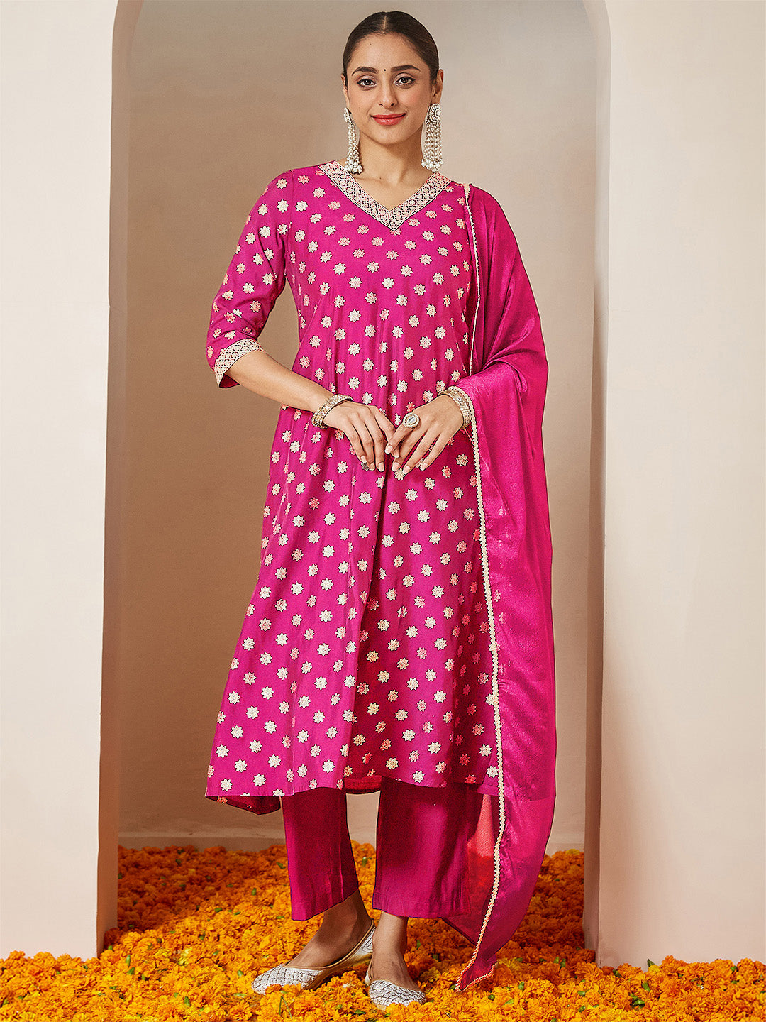 Janasya Women's Pink Chanderi Silk Foil Printed Embroidered A-line Kurta Set - qivii