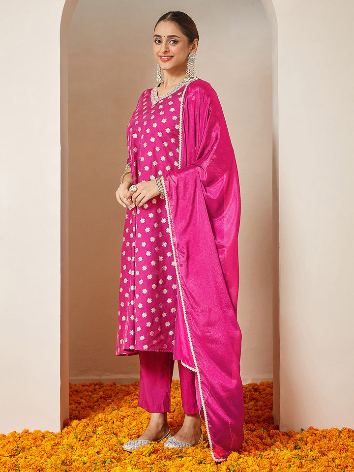 Janasya Women's Pink Chanderi Silk Foil Printed Embroidered A-line Kurta Set - qivii