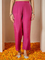 Janasya Women's Pink Chanderi Silk Foil Printed Embroidered A-line Kurta Set