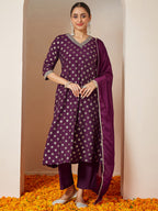 Janasya Women's Wine Chanderi Silk Foil Printed Embroidered A-line Kurta Set