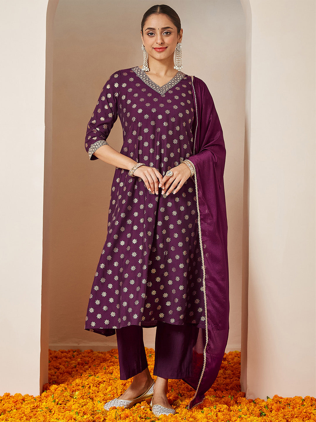 Janasya Women's Wine Chanderi Silk Foil Printed Embroidered A-line Kurta Set