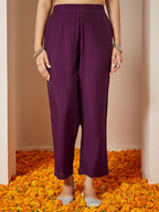 Janasya Women's Wine Chanderi Silk Foil Printed Embroidered A-line Kurta Set