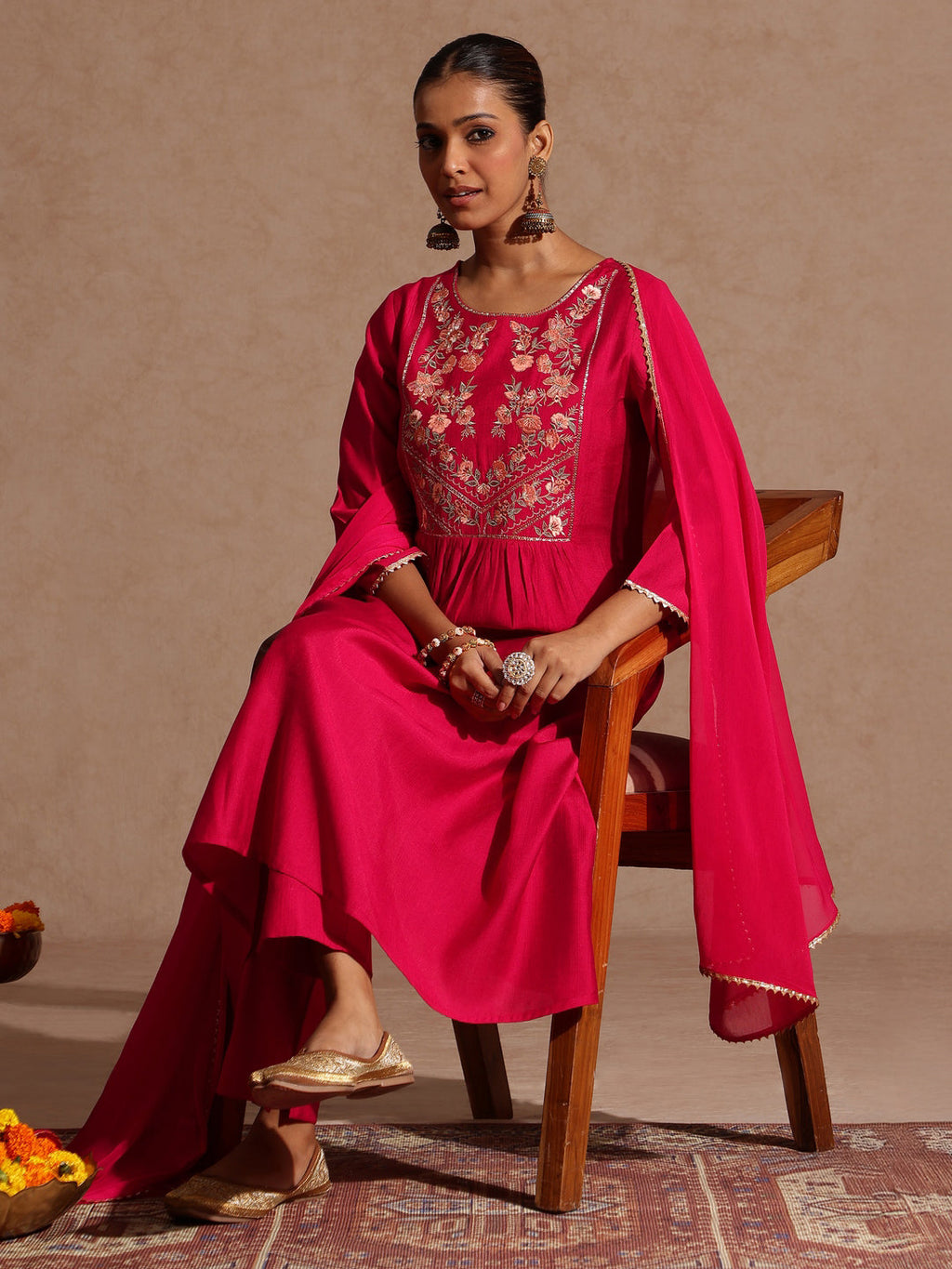 Janasya Women's Pink Silk Blend Yoke Embroidered A-line Kurta Set
