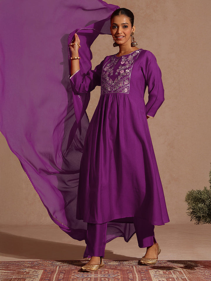 Janasya Women's Purple Silk Blend Yoke Embroidered A-line Kurta Set