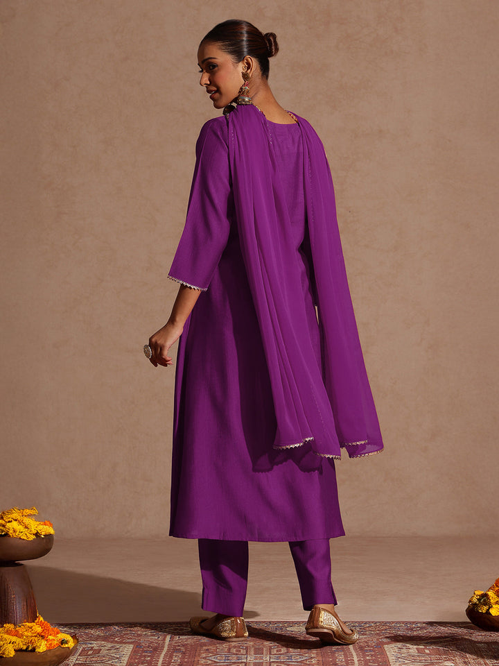 Janasya Women's Purple Silk Blend Yoke Embroidered A-line Kurta Set
