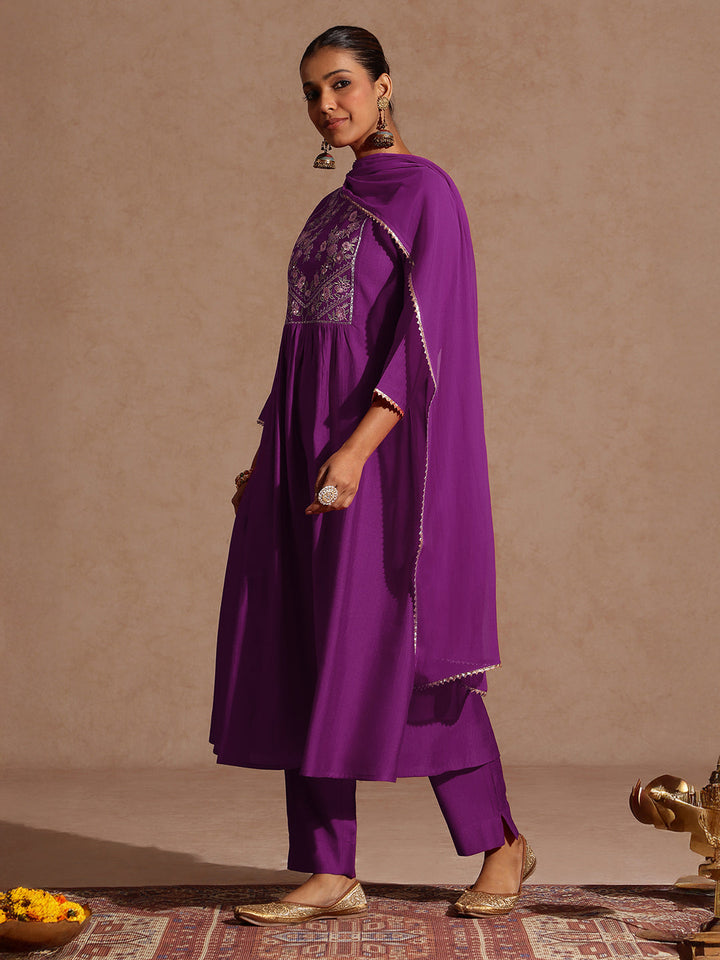 Janasya Women's Purple Silk Blend Yoke Embroidered A-line Kurta Set
