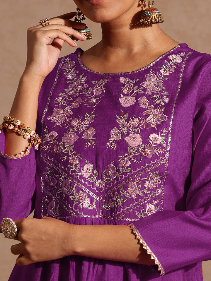 Janasya Women's Purple Silk Blend Yoke Embroidered A-line Kurta Set