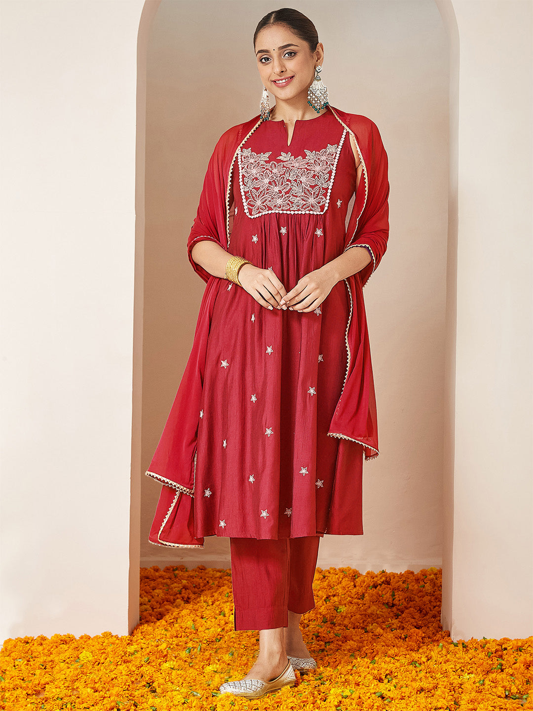 Janasya Women's Red Silk Blend Embroidered A-line Kurta Set - qivii