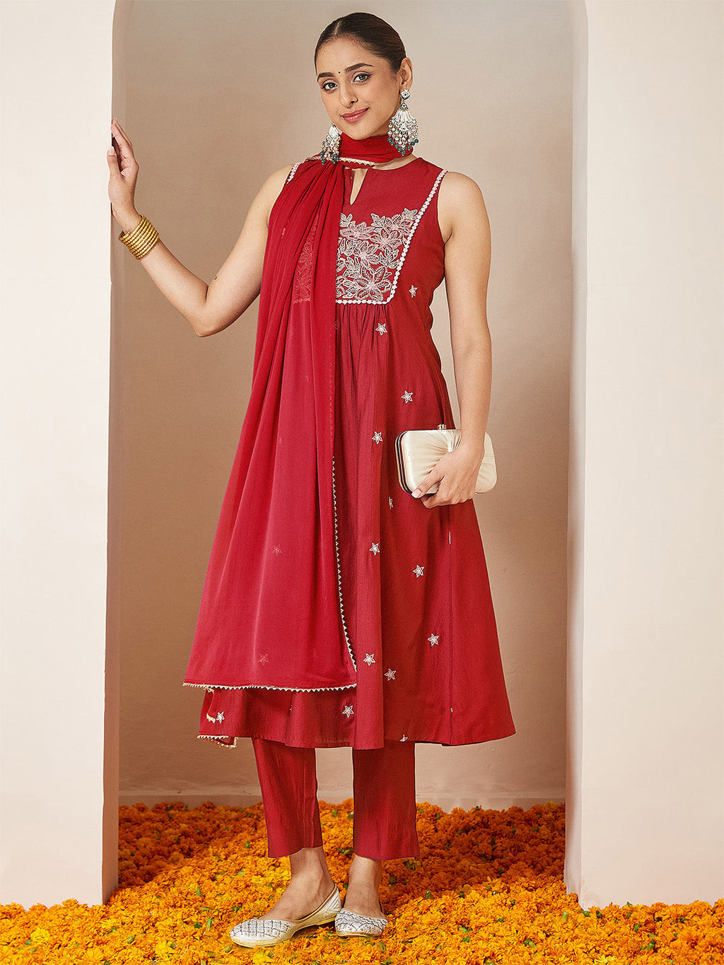 Janasya Women's Red Silk Blend Embroidered A-line Kurta Set
