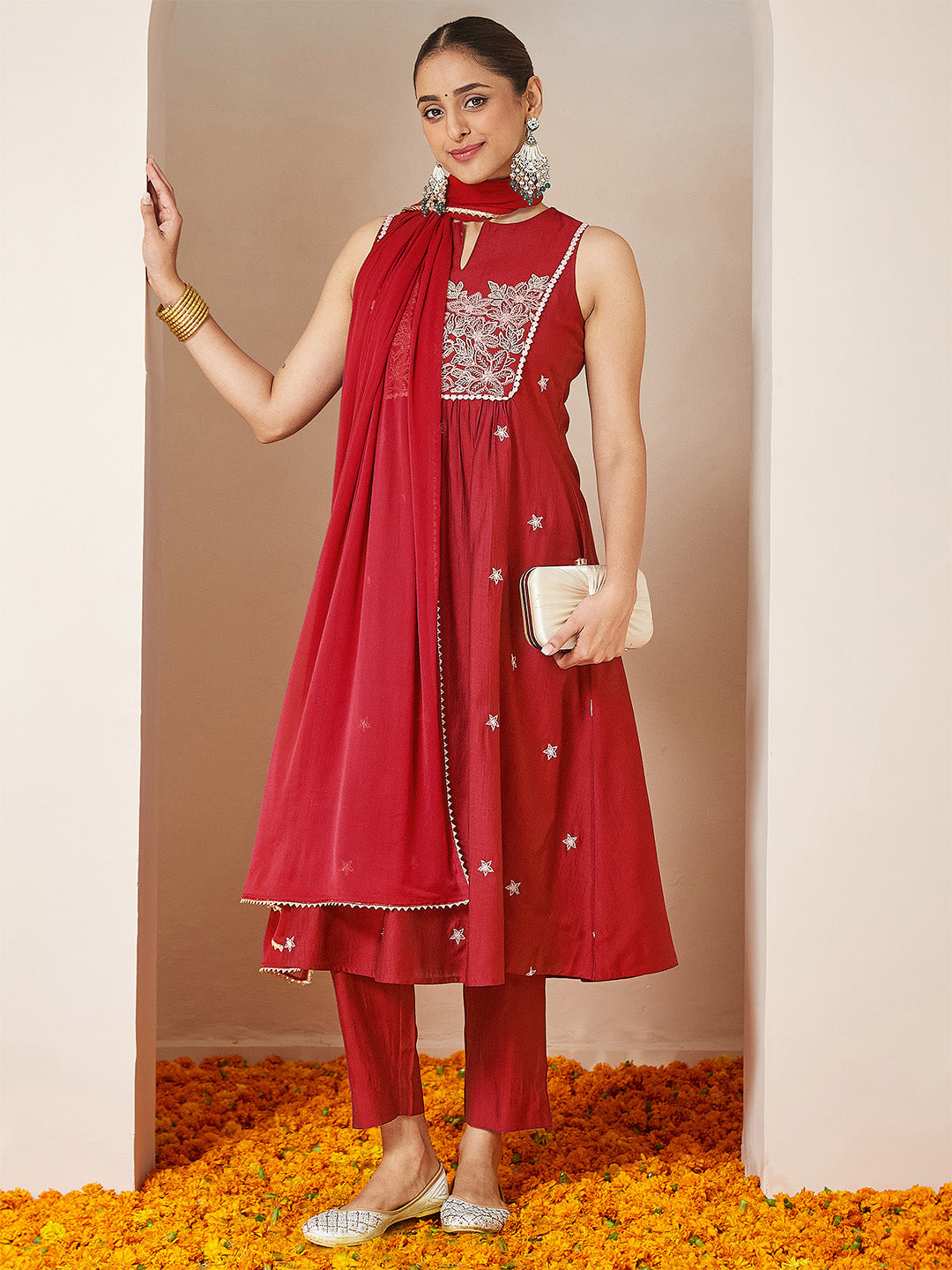 Janasya Women's Red Silk Blend Embroidered A-line Kurta Set - qivii