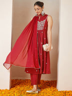 Janasya Women's Red Silk Blend Embroidered A-line Kurta Set