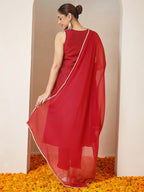 Janasya Women's Red Silk Blend Embroidered A-line Kurta Set