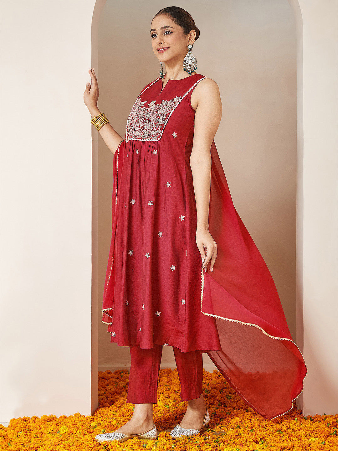 Janasya Women's Red Silk Blend Embroidered A-line Kurta Set - qivii