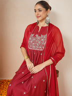 Janasya Women's Red Silk Blend Embroidered A-line Kurta Set