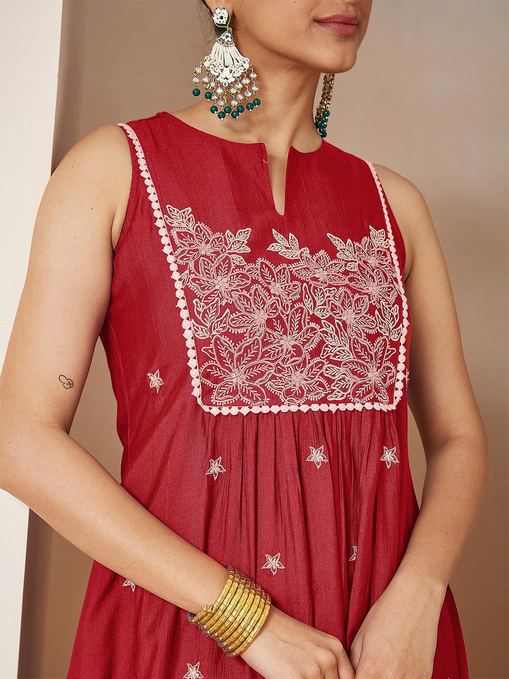 Janasya Women's Red Silk Blend Embroidered A-line Kurta Set