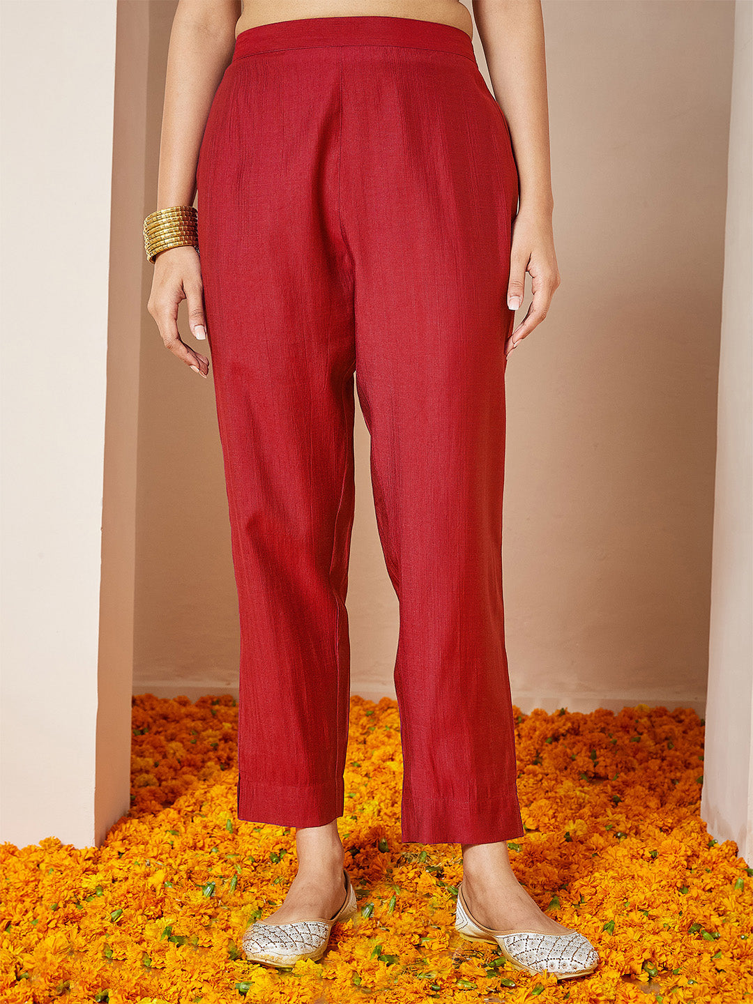 Janasya Women's Red Silk Blend Embroidered A-line Kurta Set - qivii