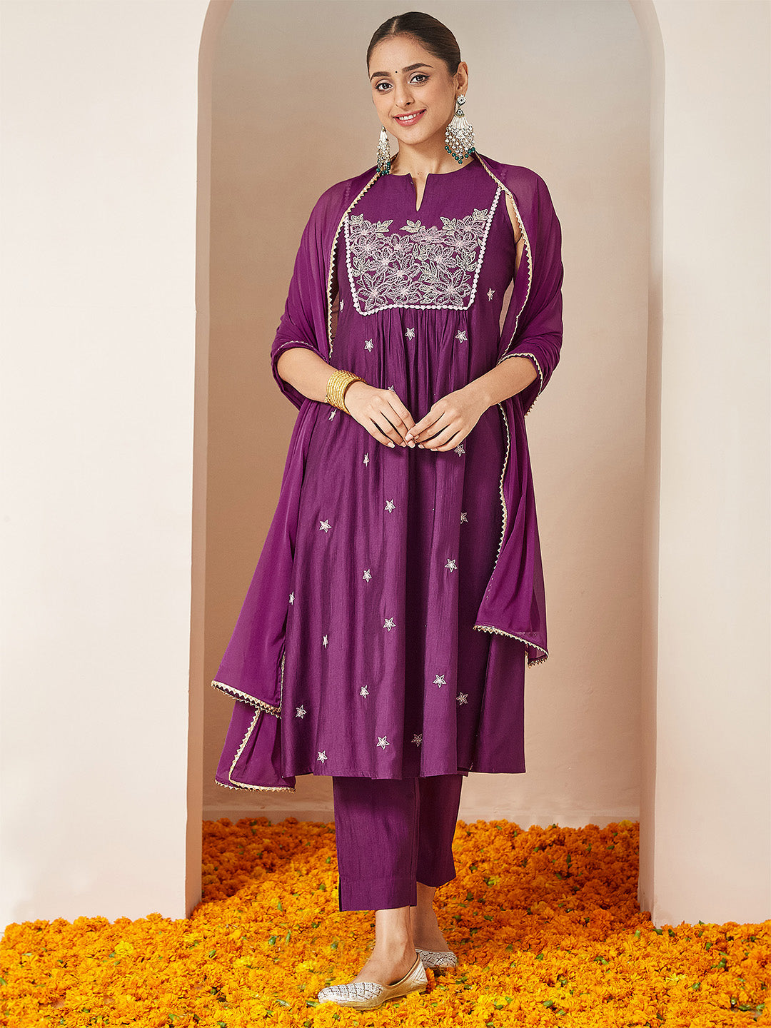 Janasya Women's Purple Silk Blend Embroidered Straight Kurta Set - qivii