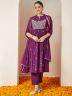 Janasya Women's Purple Silk Blend Embroidered Straight Kurta Set