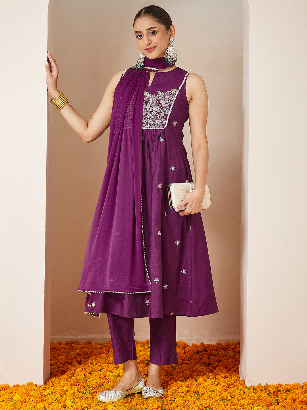 Janasya Women's Purple Silk Blend Embroidered Straight Kurta Set