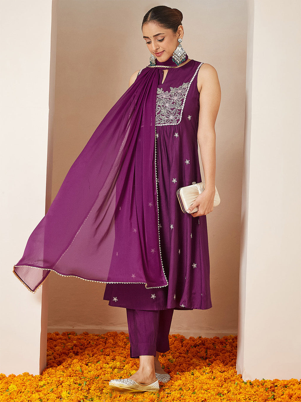Janasya Women's Purple Silk Blend Embroidered Straight Kurta Set