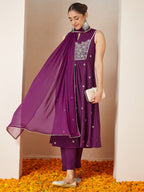 Janasya Women's Purple Silk Blend Embroidered Straight Kurta Set