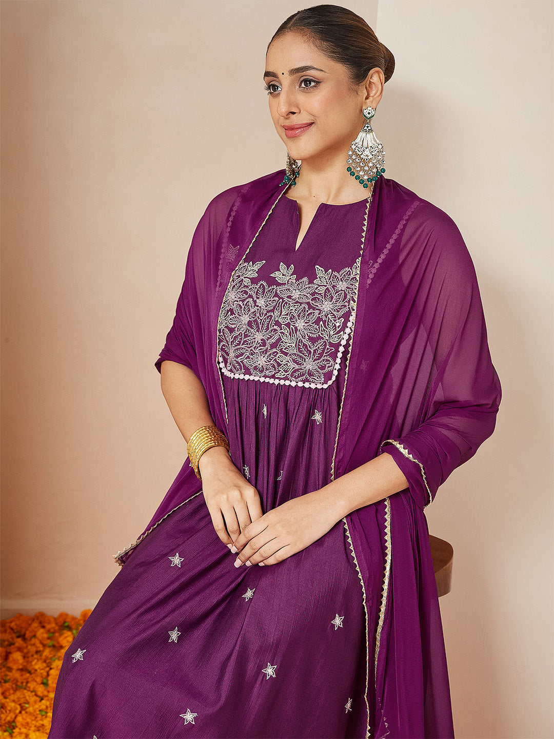 Janasya Women's Purple Silk Blend Embroidered Straight Kurta Set - qivii
