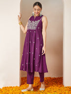 Janasya Women's Purple Silk Blend Embroidered Straight Kurta Set