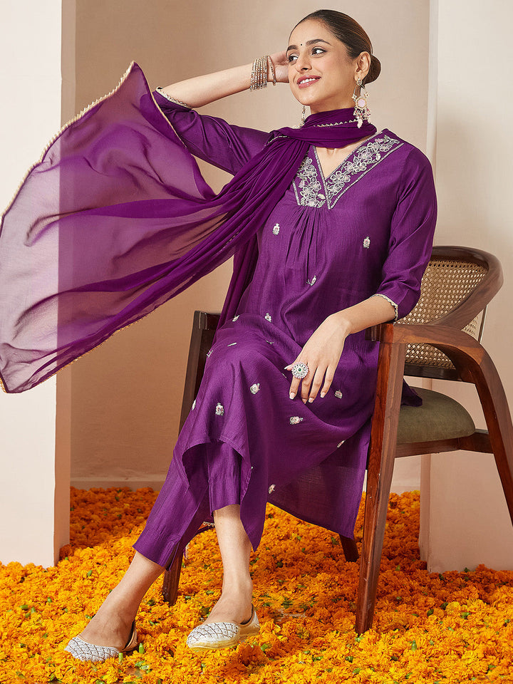 Janasya Women's Purple Silk Blend Embroidered A-line Kurta Set - qivii