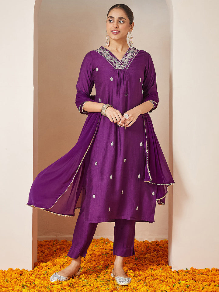 Janasya Women's Purple Silk Blend Embroidered A-line Kurta Set - qivii