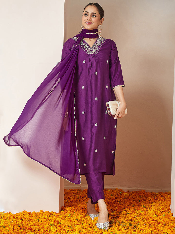 Janasya Women's Purple Silk Blend Embroidered A-line Kurta Set - qivii