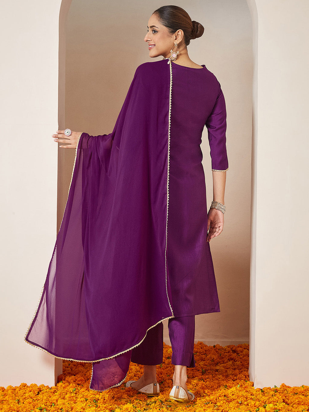Janasya Women's Purple Silk Blend Embroidered A-line Kurta Set