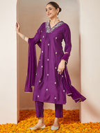 Janasya Women's Purple Silk Blend Embroidered A-line Kurta Set