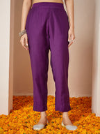 Janasya Women's Purple Silk Blend Embroidered A-line Kurta Set