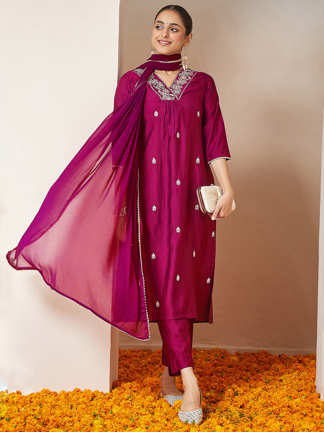 Janasya Women's Pink Silk Blend Embroidered A-line Kurta Set - qivii