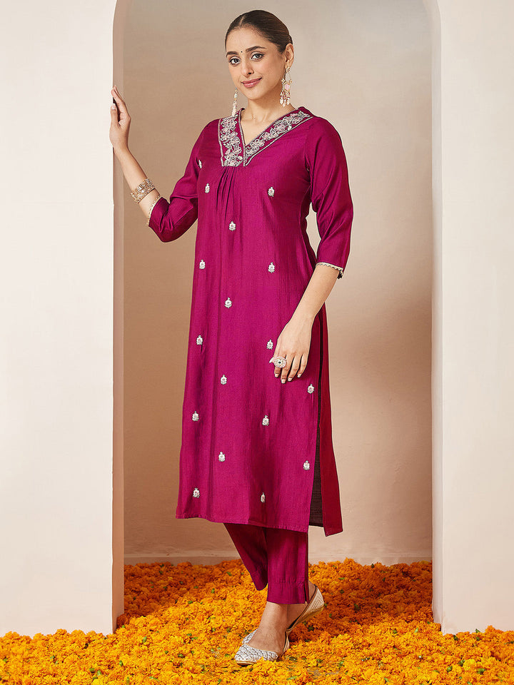 Janasya Women's Pink Silk Blend Embroidered A-line Kurta Set - qivii
