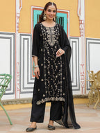 Janasya Women's Black Silk Blend Zari Embroidered Straight Kurta Set