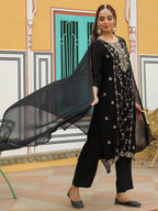 Janasya Women's Black Silk Blend Zari Embroidered Straight Kurta Set